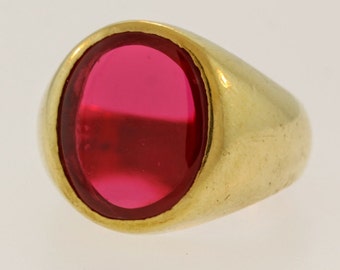 Red Stained Glass Signet Ring- 14k Yellow Gold