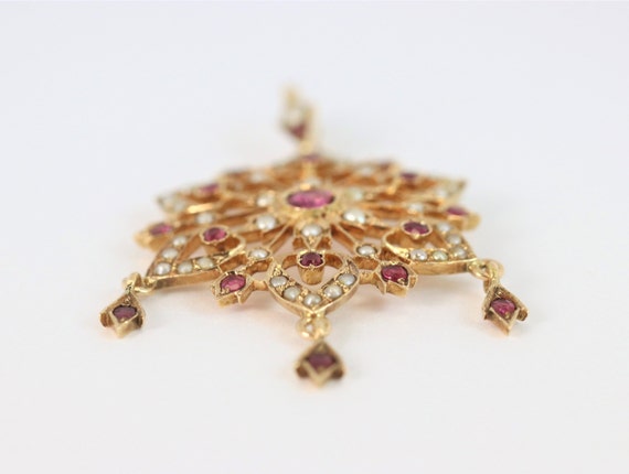 Vintage Ruby And Pearl Star Pendant In 14K Yellow… - image 3