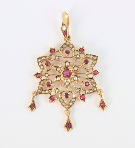 Vintage Ruby And Pearl Star Pendant In 14K Yellow… - image 2