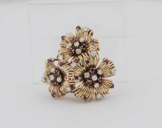 Antique Ruby Diamond Flower Pin Brooch- 18k Yello… - image 6