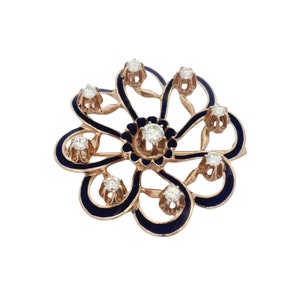 Vintage Diamond Enamel Brooch In 14K Yellow Gold