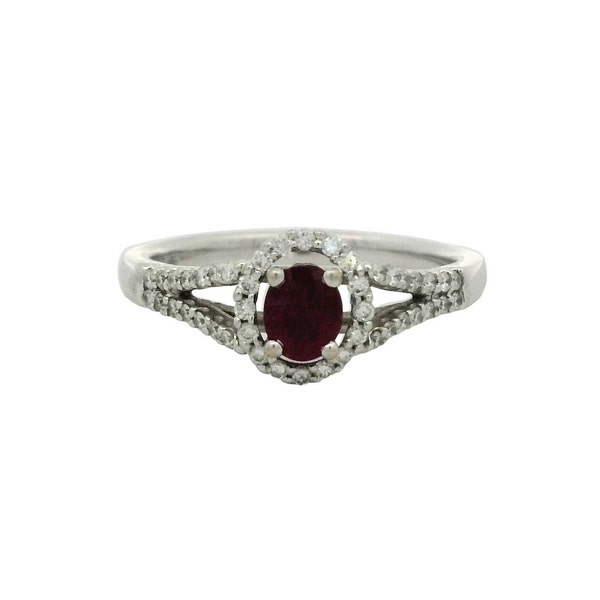 Ruby & Diamond Halo Ring In 14K White Gold