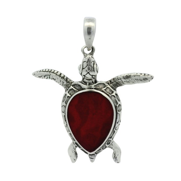 Turtle Red Coral Pendant In 925 Sterling Silver