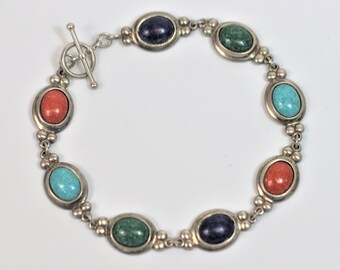 Multi Stone Turquoise Toggle Bracelet In Sterling Silver