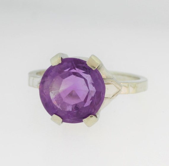 Antique Solitaire Amethyst Ring - 14k White Gold