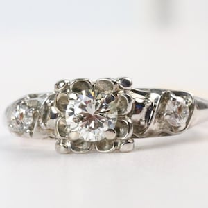Vintage Art Deco Style  Three Stone Diamond Ring- 14k White Gold