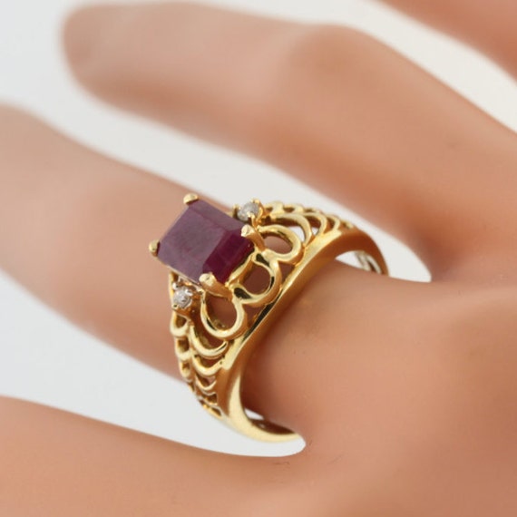 Victorian Style Ruby Diamond Ring- 14k Yellow Gold - image 5