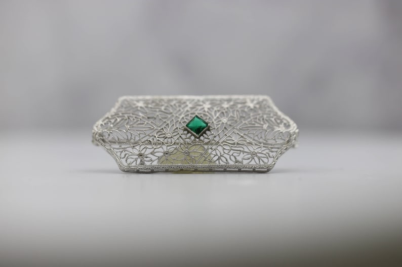 Antique Art Deco Tourmaline Brooch Pin-14k White Gold