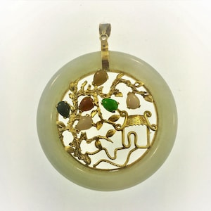 Green Jade  Round Pendant with multi-colored Jade Accent  in 14k Yellow Gold