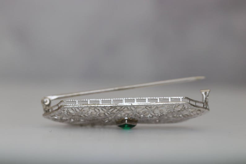 Antique Art Deco Tourmaline Brooch Pin-14k White Gold