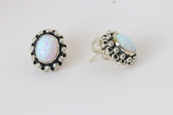 Antique Oval Opal Stud Earrings in Sterling Silver - image 2