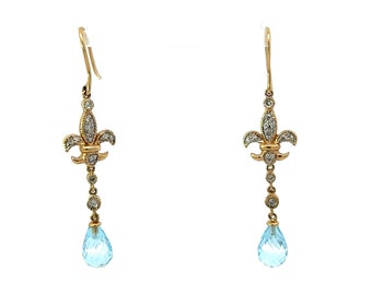 Aquamarine Briolette  Diamond Dangle Drop Earrings in 14k Yellow Gold