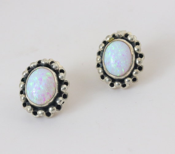 Antique Oval Opal Stud Earrings in Sterling Silver - image 1