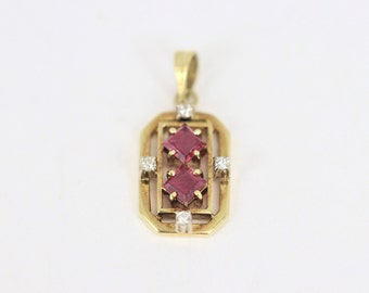 Vintage Geometric Ruby & Diamond Pendant In 14K Yellow Gold