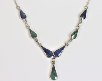 Vintage Natural Cabochon Blue And Green Stone Necklace In Sterling Silver