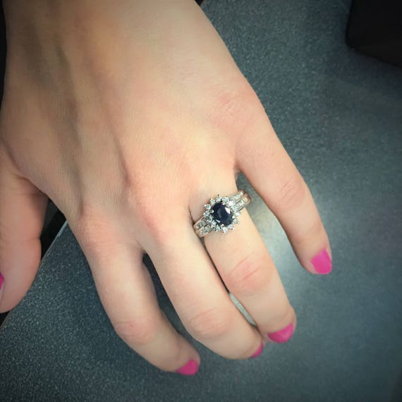 Vintage Sapphire Diamond Floral Halo Ring- 14k Wh… - image 5