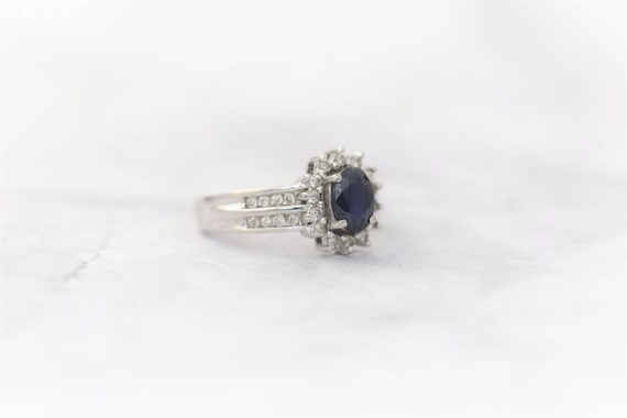 Vintage Sapphire Diamond Floral Halo Ring- 14k Wh… - image 2