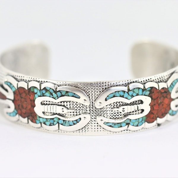 Vintage Turquoise and Coral Cuff Bracelet In Sterling Silver