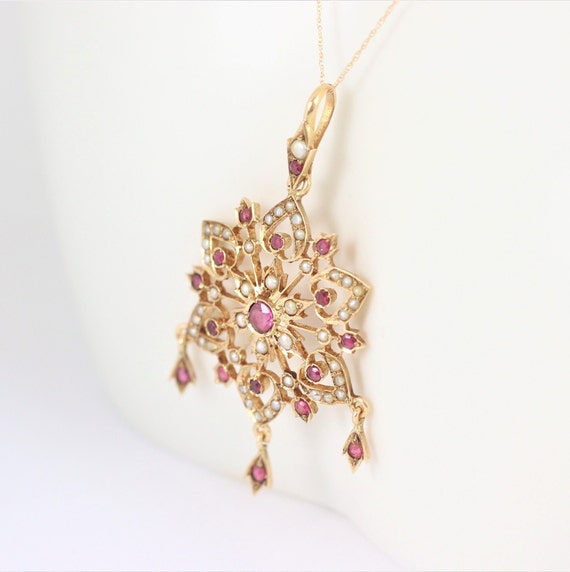 Vintage Ruby And Pearl Star Pendant In 14K Yellow… - image 1