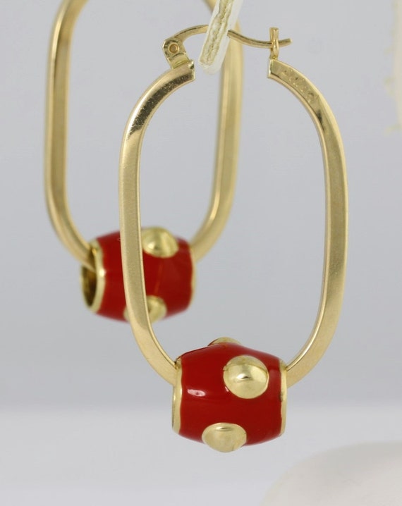 Red Enamel Hoop Earrings, 14k Gold Hoop Geometric… - image 3