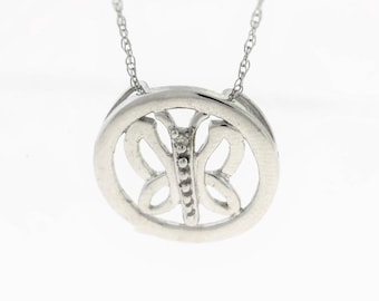 Circle Butterfly Diamond Accent  pendant - 10k White Gold Butterfly Diamond Pendant