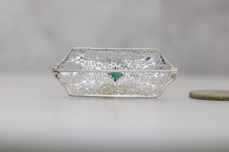 Antique Art Deco Tourmaline Brooch Pin-14k White Gold