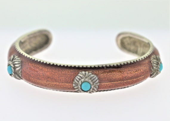 Flower Resin Cuff Bracelet With Turquoise In Ster… - image 1