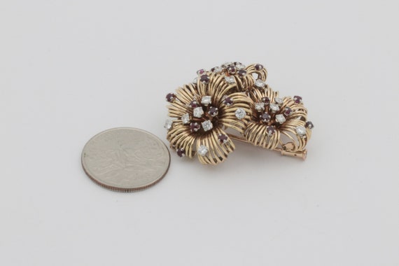 Antique Ruby Diamond Flower Pin Brooch- 18k Yello… - image 4