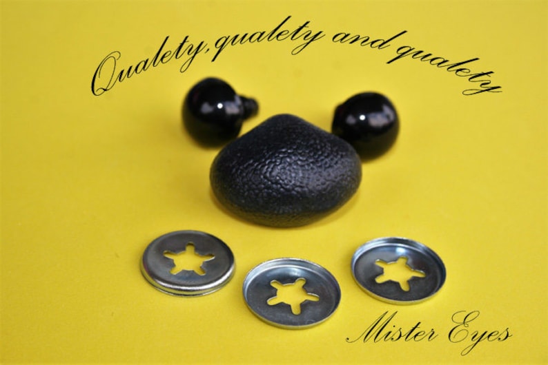 May include: Three black plastic eyes with metal washers for attaching to a stuffed animal or other craft project. The eyes are on a yellow background with the text "Quality, quality and quality" and "Mister Eyes" written in black cursive.