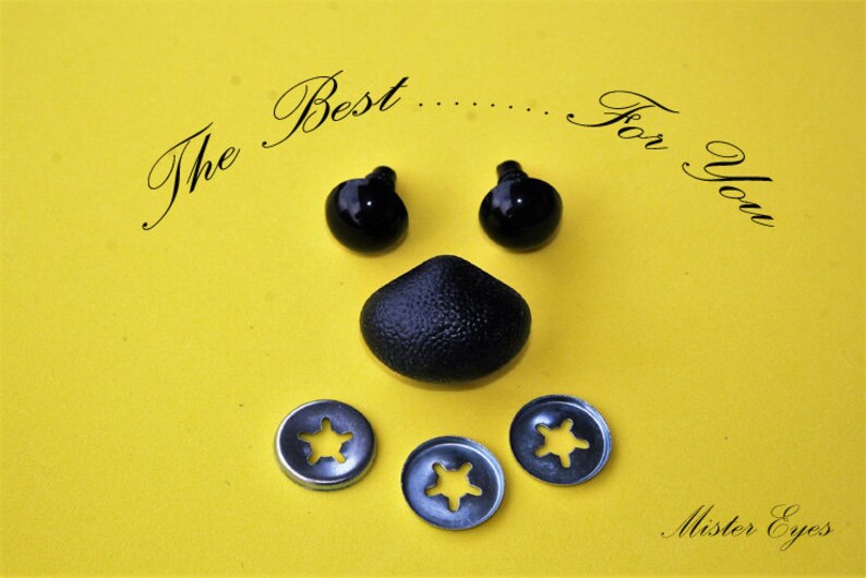 May include: A yellow background with black plastic eyes, a black plastic nose, and silver metal washers. The text "The Best... For You" is written in cursive above the eyes and nose. The text "Mister Eyes" is written in cursive in the bottom right corner.