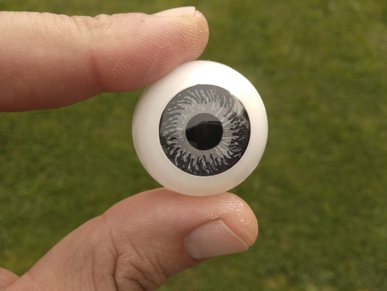 May include: A close-up of a realistic grey and black glass eye prop. The eye is held by a finger and the background is a green grassy lawn.