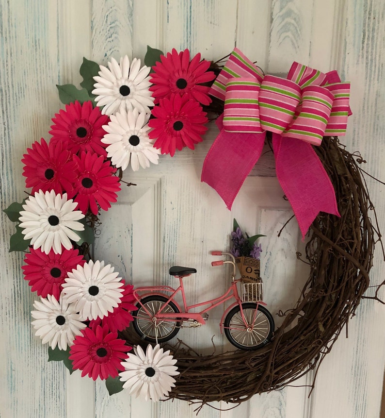 Mothers Day Shabby Chic Bicycle Wreath Daisy Wreath Hello Spring Large Spring Wreath Front Door Decor Spring Paper Flower Wreath