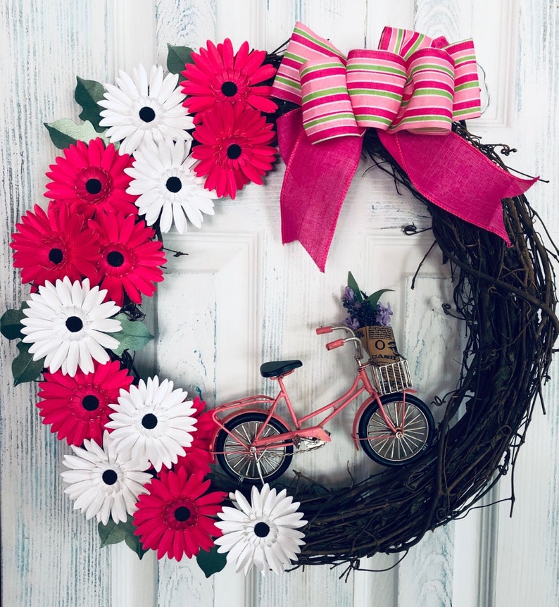 Mothers Day Shabby Chic Bicycle Wreath Daisy Wreath Hello Spring Large Spring Wreath Front Door Decor Spring Paper Flower Wreath