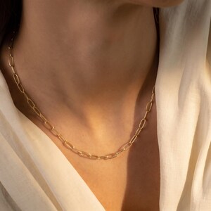 May include: A gold-toned chain necklace featuring elongated, oval-shaped links connected in a continuous, uniform pattern. The necklace rests against the neck, showcasing a polished metallic finish that reflects light across the interconnected links.