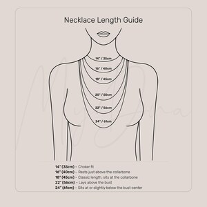 The image is a necklace length guide that provides measurements for different necklace lengths, ranging from 14 to 24 inches.