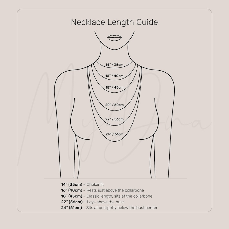 The image is a necklace length guide that provides measurements for different necklace lengths, ranging from 14 to 24 inches.