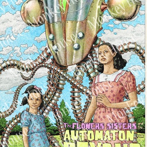 Retro Sci-Fi Art Print The Flowers Sisters and the Automaton from Beyond, Science Fiction image for story inspiration image 1