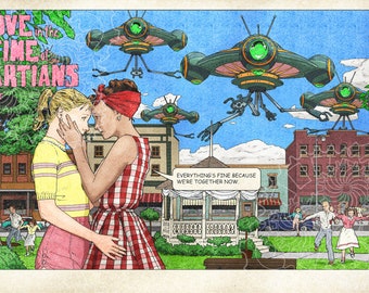 Retro Sci-fi Art Print, "Love In The Time of Martians, Part 3" Science fiction illustration for story inspiration