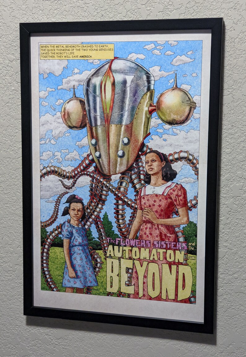 Retro Sci-Fi Art Print The Flowers Sisters and the Automaton from Beyond, Science Fiction image for story inspiration image 2