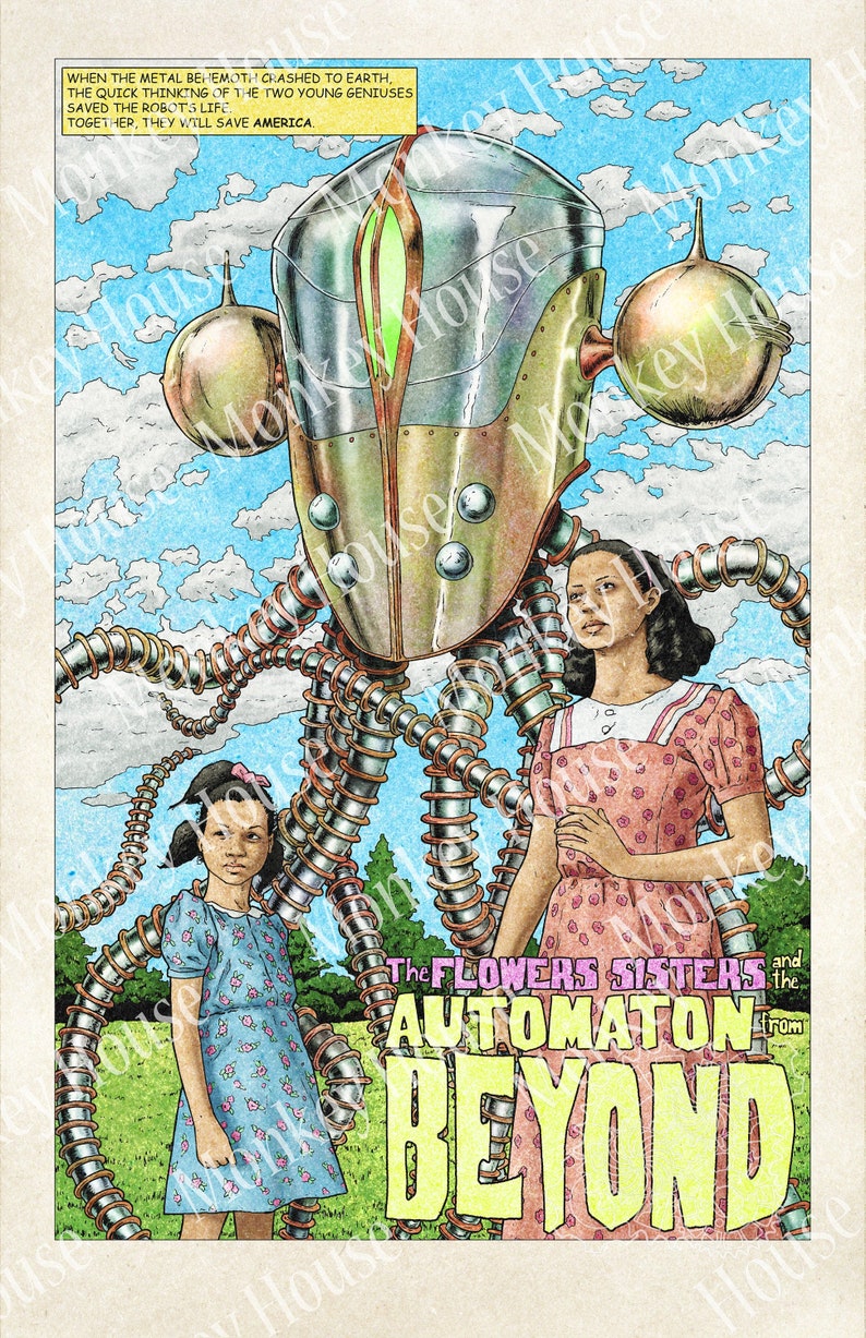 Retro Sci-Fi Art Print The Flowers Sisters and the Automaton from Beyond, Science Fiction image for story inspiration image 1