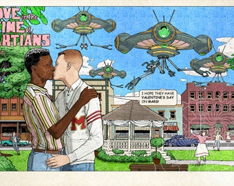 Retro Sci-fi Art Print, "Love In The Time of Martians, Part 2" Science fiction illustration for story inspiration