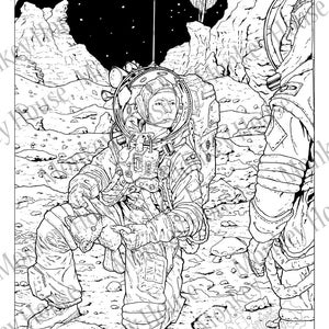 Coloring Page - "The Celestial Sisters in the Lair of Danger", downloadable Retro-Sci-Fi art image for adult coloring and story inspiration