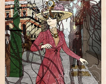 Steampunk Art Print - "Mrs. Madden's Phantasoscope," Science Fiction illustration for story inspiration