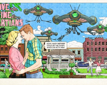 Retro Sci-fi Art Print, "Love In The Time of Martians, Part 1" Science fiction illustration for story inspiration