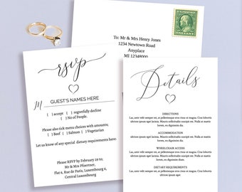 Elegant font RSVP & detail card templates, printable wedding response and enclosures, tiny heart motif, 3.5 x 5 inch cards, change headings