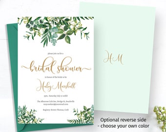Printable greenery bridal shower invitation template, editable font & colors, optional reverse, easy to customize and print, bride to be