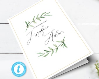 Greenery watercolor folding wedding program template, beautiful modern font, printable order of ceremony, complements many wedding themes