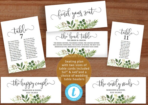 printable wedding seating chart template set pretty greenery watercolors single table plans top table signs table templates 5x7 and 6x4 top table seating plan template
