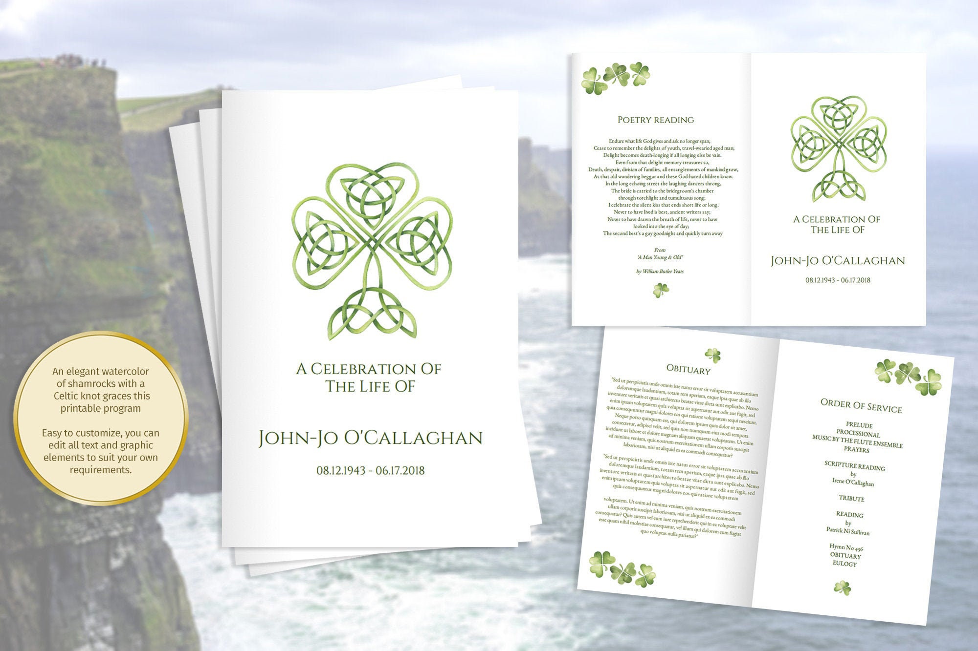 Printable folded Irish funeral mass order of service program Etsy