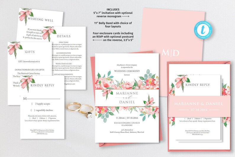 Diy Pink Blush Wedding Invitation Templates Rose Gold Edged Etsy